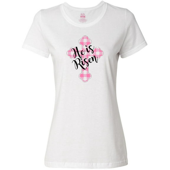 Inktastic He is Risen Pink Plaid Cross Women's T-Shirt