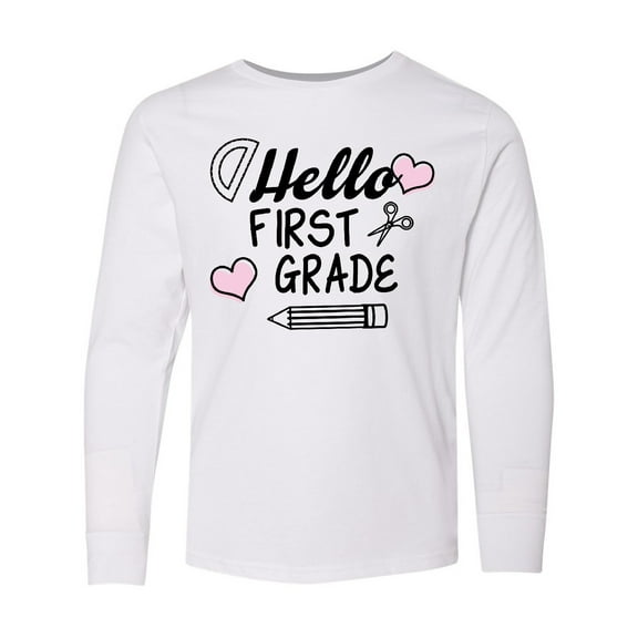 Inktastic Hello 1st Grade with Hearts and School Supplies Long Sleeve Youth T-Shirt