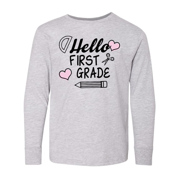 Inktastic Hello 1st Grade with Hearts and School Supplies Long Sleeve Youth T-Shirt