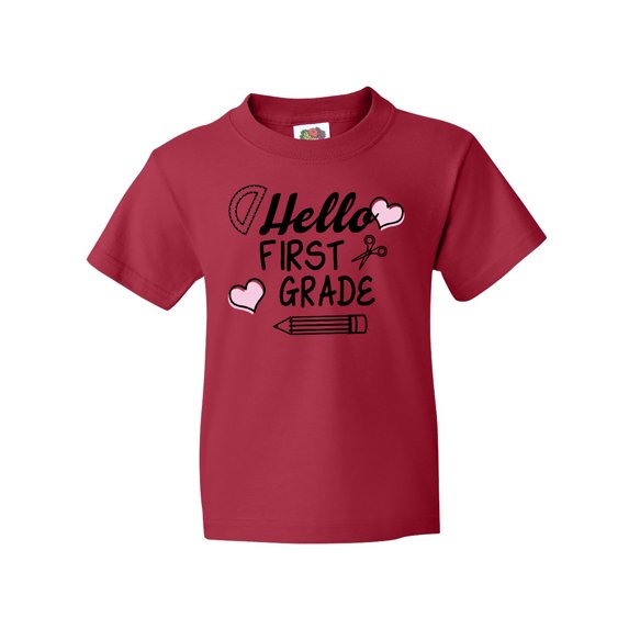 Inktastic Hello 1st Grade with Hearts and School Supplies Youth T-Shirt