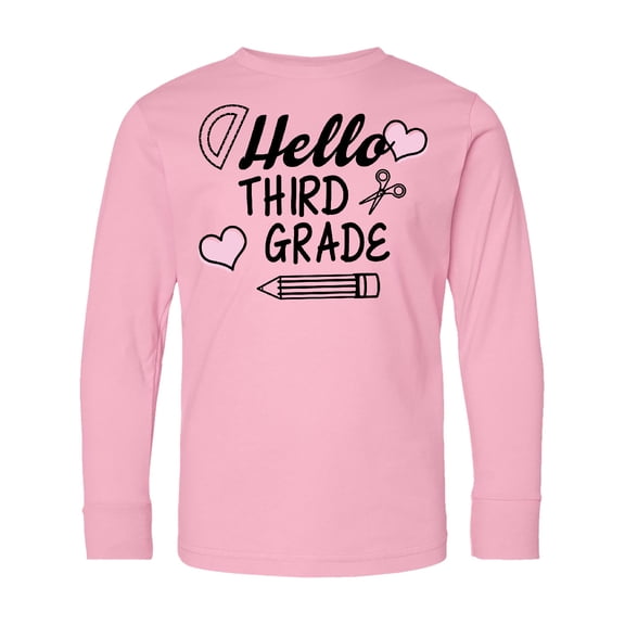 Inktastic Hello 3rd Grade with Hearts and School Supplies Long Sleeve Youth T-Shirt