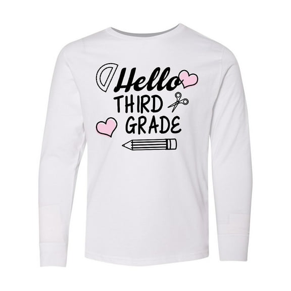 Inktastic Hello 3rd Grade with Hearts and School Supplies Long Sleeve Youth T-Shirt