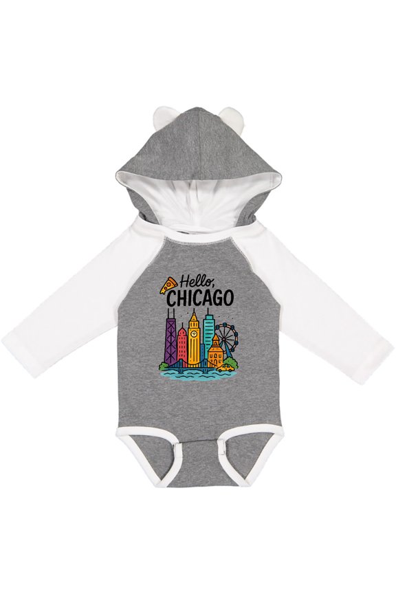 Hello Chicago Skyline Pizza Boys or Girls Long Sleeve Baby Bodysuit