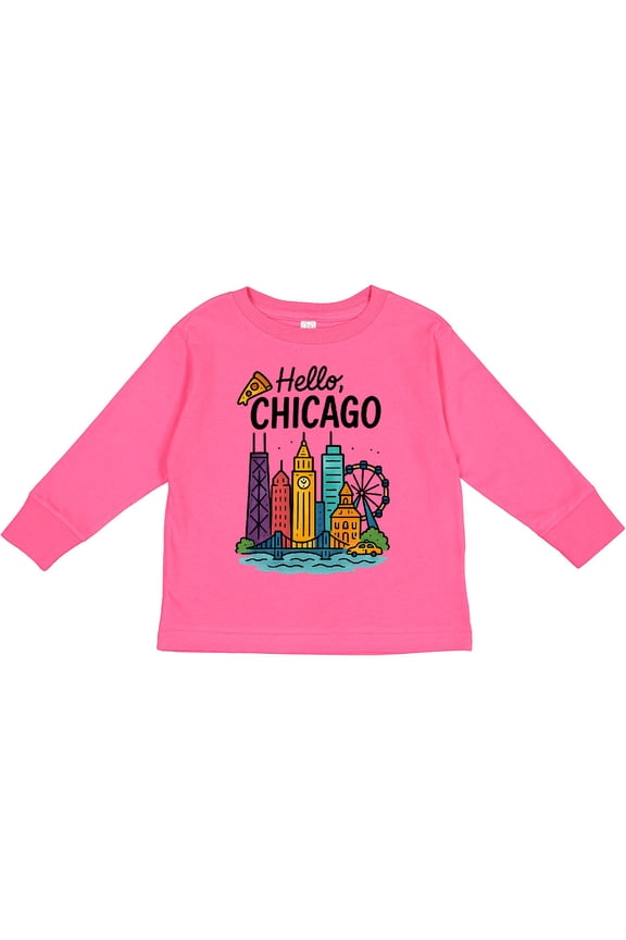 Hello Chicago Skyline Pizza Boys or Girls Long Sleeve Toddler T-Shirt