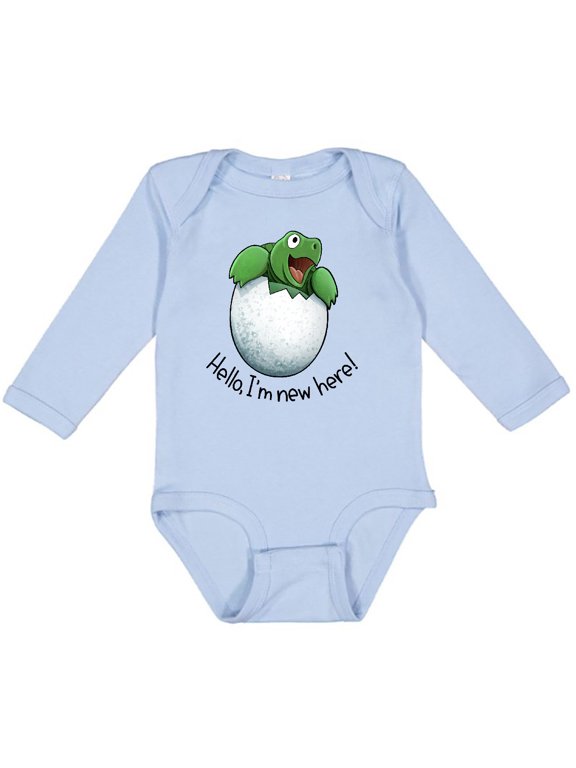 Hello, I'm New Here Cute Baby Turtle Boys or Girls Long Sleeve Baby Bodysuit