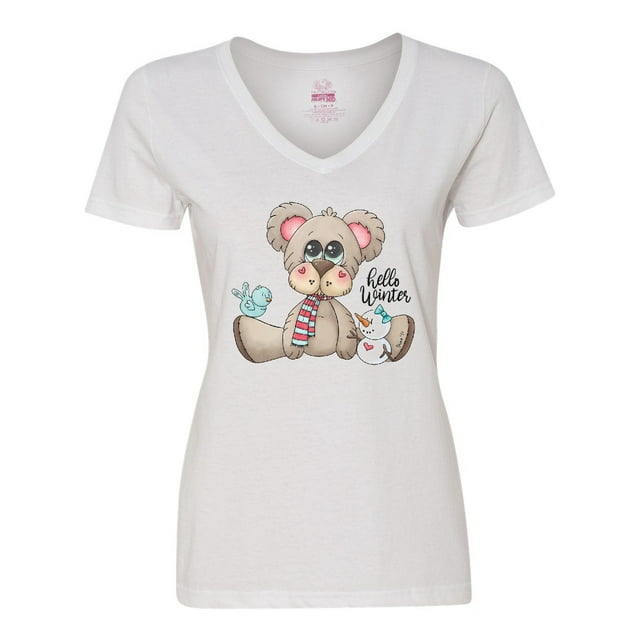 Inktastic Hello Winter Teddy Bear Women's V-Neck T-Shirt