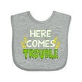 thumbnail image 1 of Inktastic Here Comes Trouble Boys or Girls Baby Bib, 1 of 4