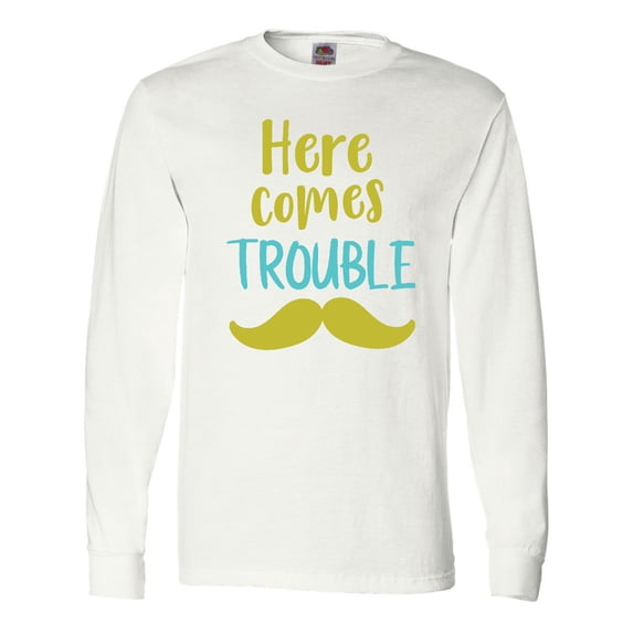 Inktastic Here Comes Trouble, Mustache - Blue Green Long Sleeve T-Shirt
