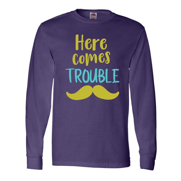 Inktastic Here Comes Trouble, Mustache - Blue Green Long Sleeve T-Shirt
