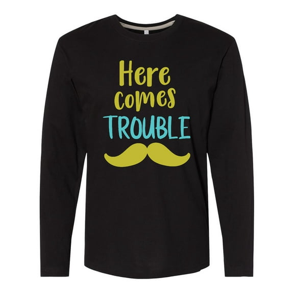 Inktastic Here Comes Trouble, Mustache - Blue Green Long Sleeve T-Shirt
