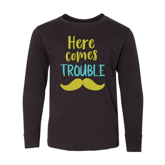 Inktastic Here Comes Trouble, Mustache - Blue Green Long Sleeve Youth T-Shirt
