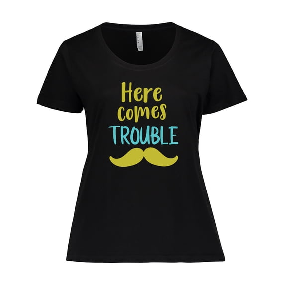 Inktastic Here Comes Trouble, Mustache - Blue Green Women's Plus Size T-Shirt