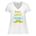 thumbnail image 1 of Inktastic Here Comes Trouble, Mustache - Blue Green Women's Plus Size V-Neck T-Shirt, 1 of 5