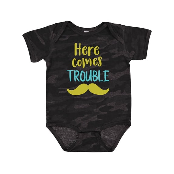 Inktastic Here Comes Trouble, Mustache, Moustache Boys or Girls Baby Bodysuit