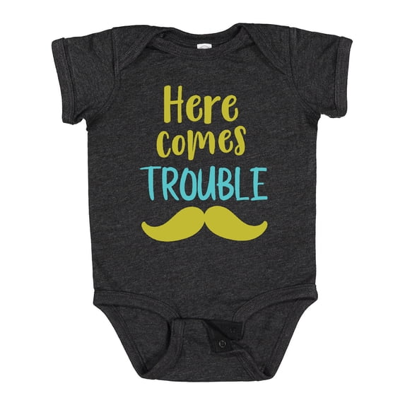 Inktastic Here Comes Trouble, Mustache, Moustache Boys or Girls Baby Bodysuit