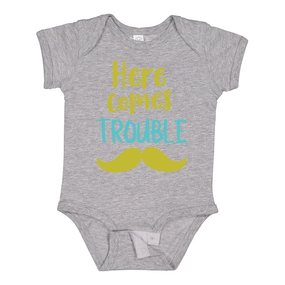 Inktastic Here Comes Trouble, Mustache, Moustache Boys or Girls Baby Bodysuit