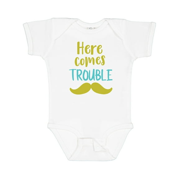 Inktastic Here Comes Trouble, Mustache, Moustache Boys or Girls Baby Bodysuit