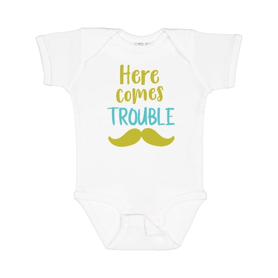 Inktastic Here Comes Trouble, Mustache, Moustache Boys or Girls Baby Bodysuit