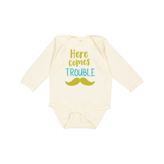 Inktastic Here Comes Trouble, Mustache, Moustache Boys or Girls Long Sleeve Baby Bodysuit