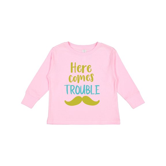 Inktastic Here Comes Trouble, Mustache, Moustache Boys or Girls Long Sleeve Toddler T-Shirt