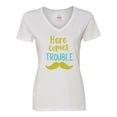 thumbnail image 1 of Inktastic Here Comes Trouble, Mustache, Moustache Women's V-Neck T-Shirt, 1 of 5
