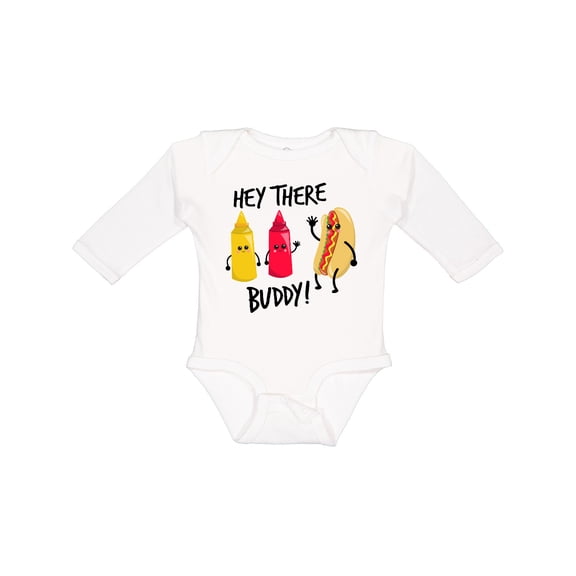 Inktastic Hey There Buddy with Ketchup Mustard and Hot Dog Boys or Girls Long Sleeve Baby Bodysuit