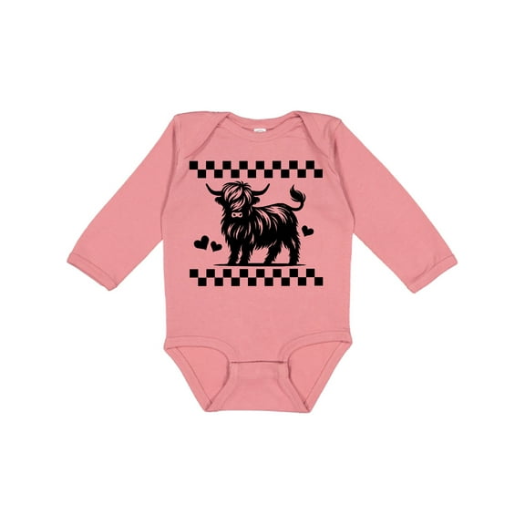 Inktastic Highland Cow Lover Checkered Girls Long Sleeve Baby Bodysuit