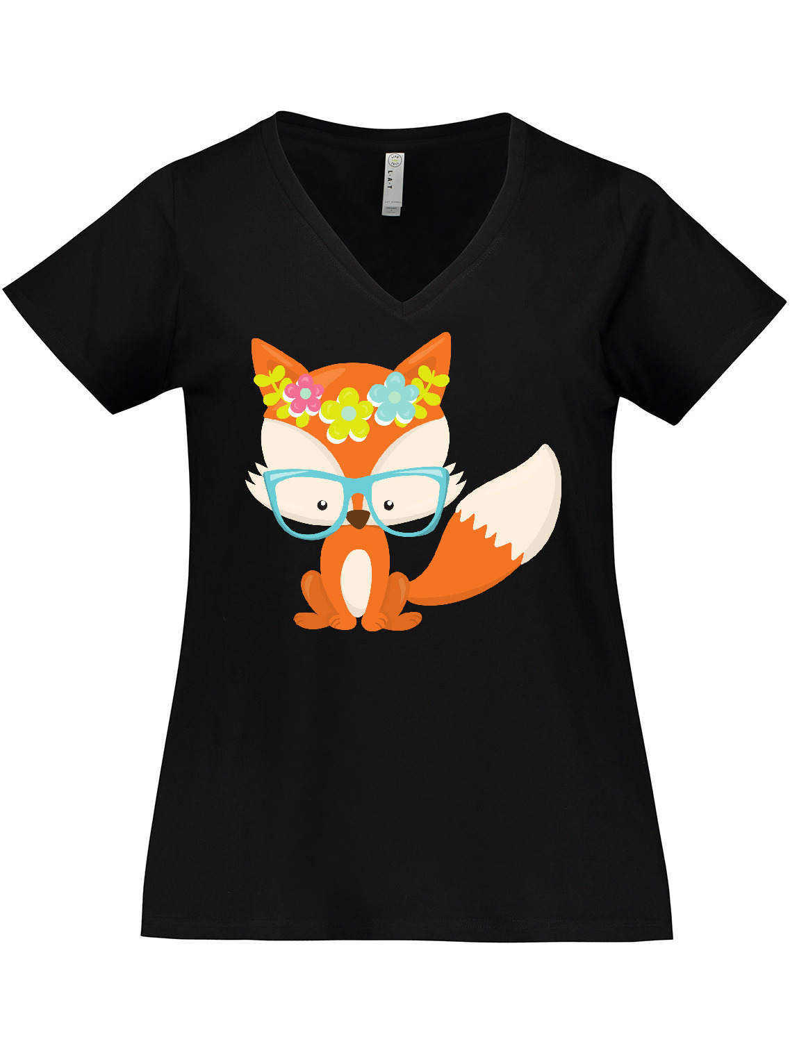 Inktastic Hipster Fox, Fox with Glasses, Colorful Flowers Women's Plus Size V-Neck T-Shirt - image 1 of 4