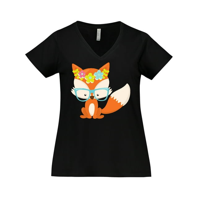 Inktastic Hipster Fox, Fox with Glasses, Colorful Flowers Women's Plus Size V-Neck T-Shirt