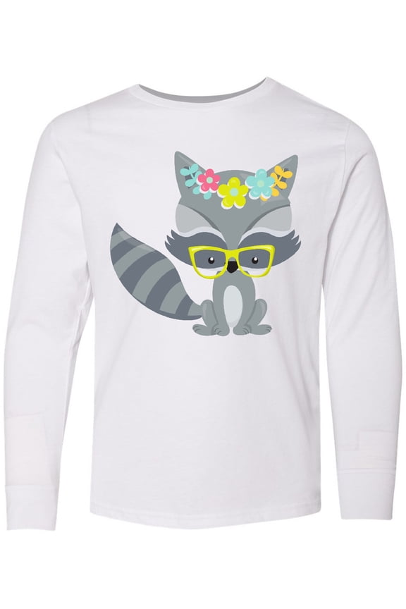 Hipster Raccoon, Raccoon With Glasses, Flowers Long Sleeve Youth T-Shirt
