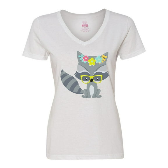 Inktastic Hipster Raccoon, Raccoon With Glasses, Flowers Women's V-Neck T-Shirt