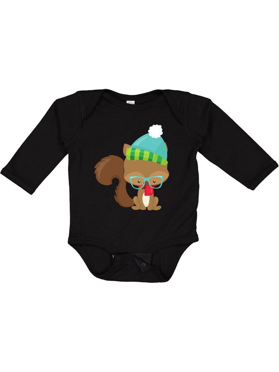Hipster Squirrel, Squirrel With Glasses, Scarf, Hat Boys or Girls Long Sleeve Baby Bodysuit