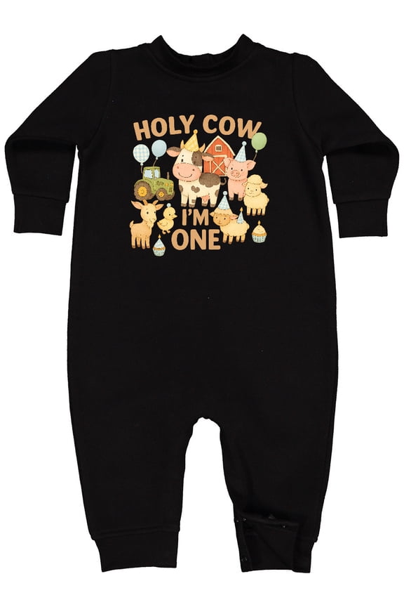 Holy Cow I'm One Boy Farm Animal Birthday Baby Fleece Romper