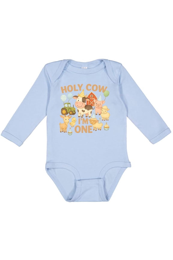 Holy Cow I'm One Boy Farm Animal Birthday Boys or Girls Long Sleeve Baby Bodysuit