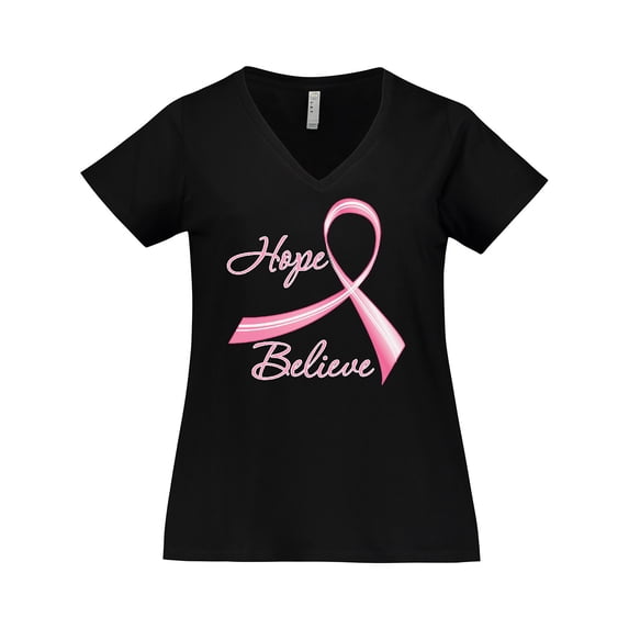Inktastic Hope Believe Breast Cancer Ribbon Women's Plus Size V-Neck T-Shirt