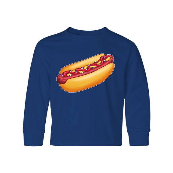 Inktastic Hot Dog Illustration with Mustard Onions and Ketchup Long Sleeve Youth T-Shirt