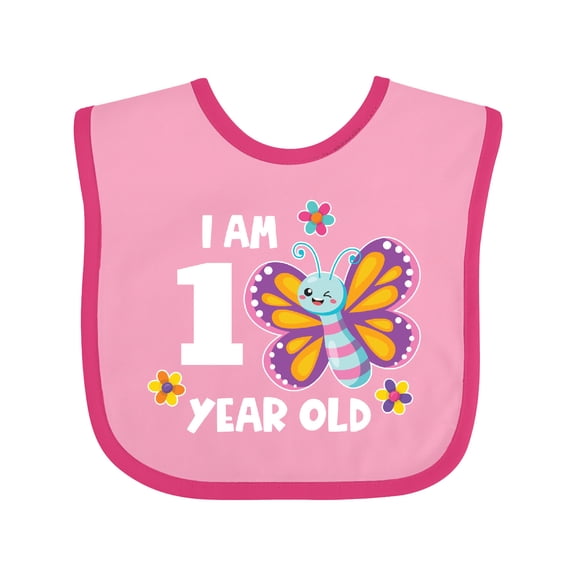 Inktastic I Am 1 Year Old Cute Smiling Butterfly with Flowers Girls Baby Bib
