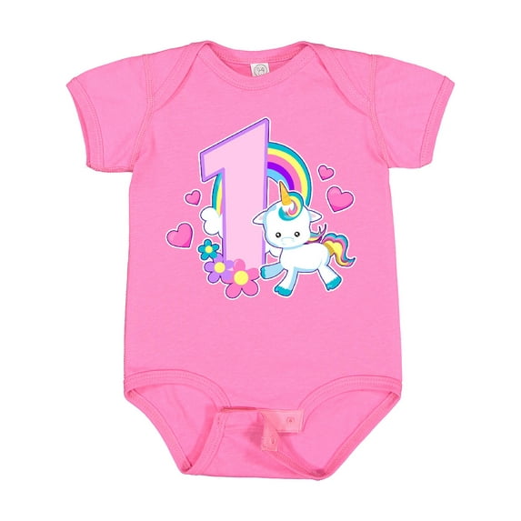 Inktastic I Am 1 Year Old with Unicorn and Hearts Girls Baby Bodysuit