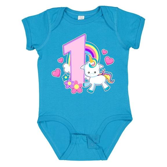 Inktastic I Am 1 Year Old with Unicorn and Hearts Girls Baby Bodysuit