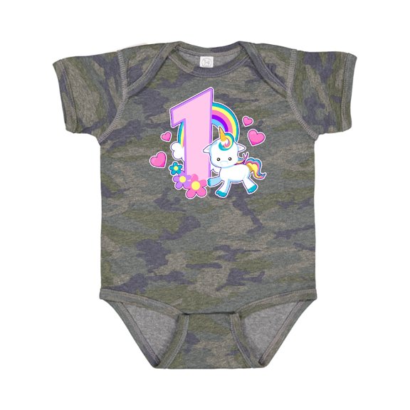 Inktastic I Am 1 Year Old with Unicorn and Hearts Girls Baby Bodysuit