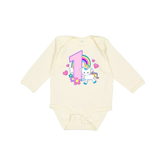 Inktastic I Am 1 Year Old with Unicorn and Hearts Girls Long Sleeve Baby Bodysuit
