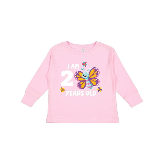 Inktastic I Am 2 Years Old Cute Smiling Butterfly with Flowers Girls Long Sleeve Toddler T-Shirt