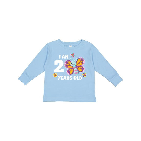 Inktastic I Am 2 Years Old Cute Smiling Butterfly with Flowers Girls Long Sleeve Toddler T-Shirt