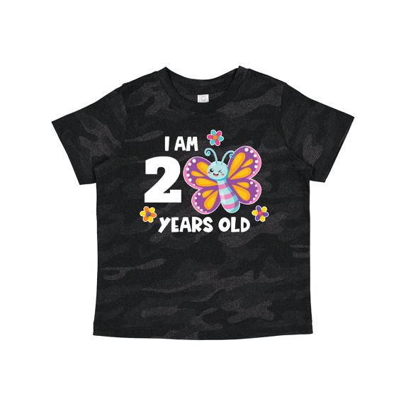 Inktastic I Am 2 Years Old Cute Smiling Butterfly with Flowers Girls Toddler T-Shirt