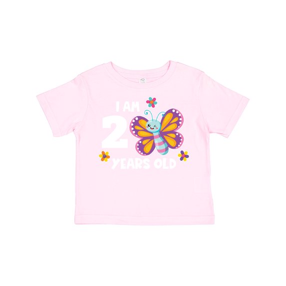 Inktastic I Am 2 Years Old Cute Smiling Butterfly with Flowers Girls Toddler T-Shirt