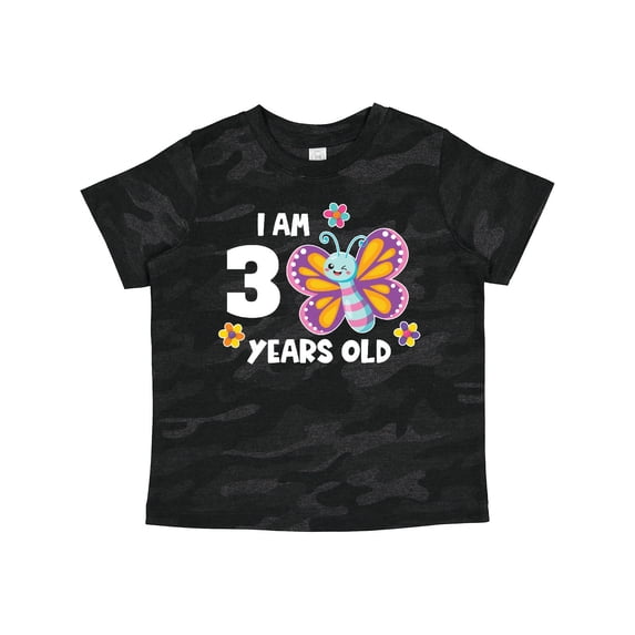 Inktastic I Am 3 Years Old Cute Smiling Butterfly with Flowers Girls Toddler T-Shirt