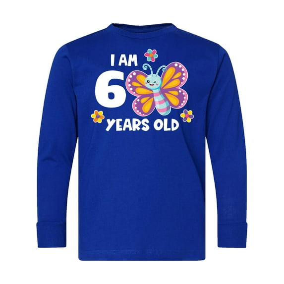 Inktastic I Am 6 Years Old Cute Smiling Butterfly with Flowers Long Sleeve Youth T-Shirt