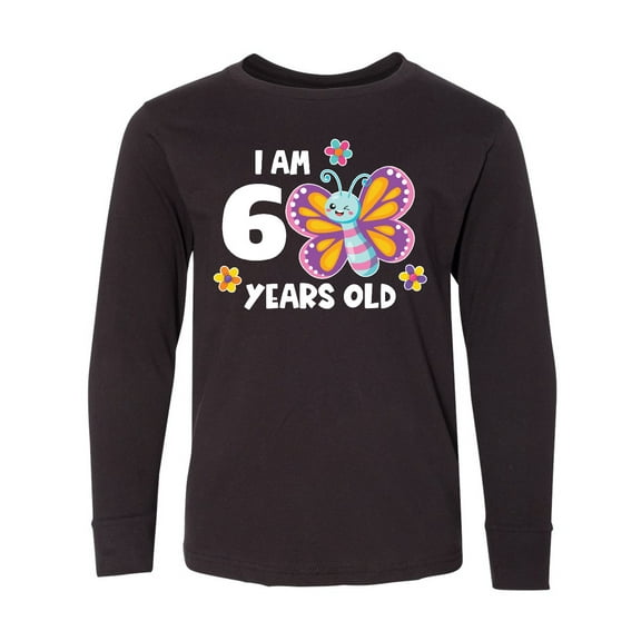 Inktastic I Am 6 Years Old Cute Smiling Butterfly with Flowers Long Sleeve Youth T-Shirt