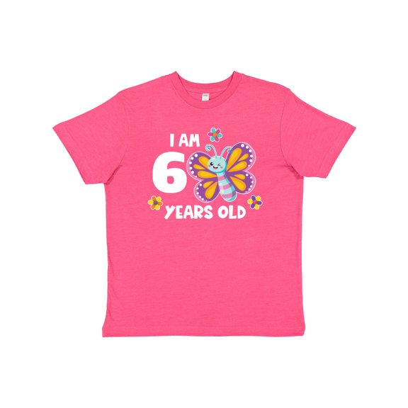 Inktastic I Am 6 Years Old Cute Smiling Butterfly with Flowers Youth T-Shirt