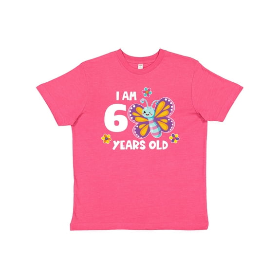 Inktastic I Am 6 Years Old Cute Smiling Butterfly with Flowers Youth T-Shirt